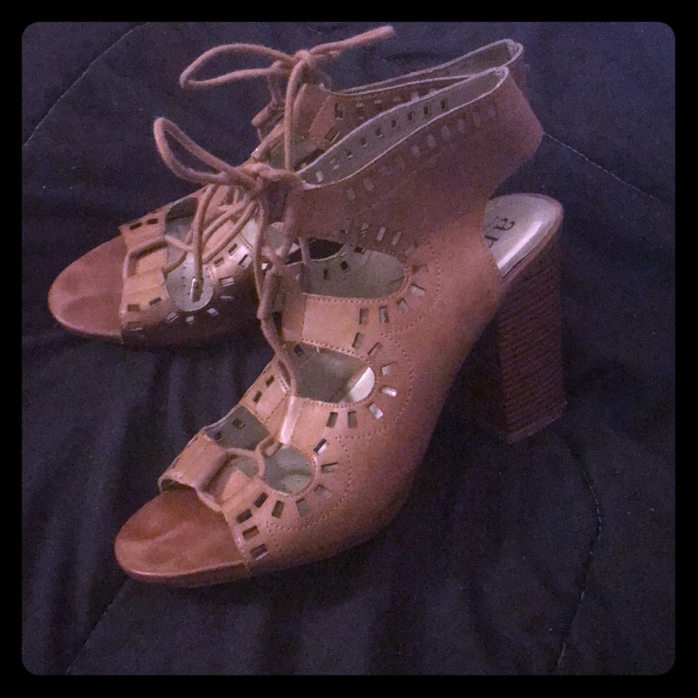 Tan lace-up Ana heels